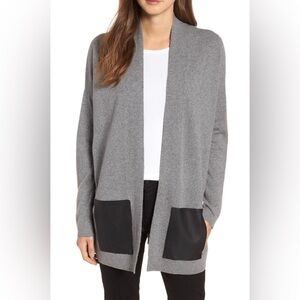 Eileen Fisher Gray Open Front Cardigan with Black Leather Pockets